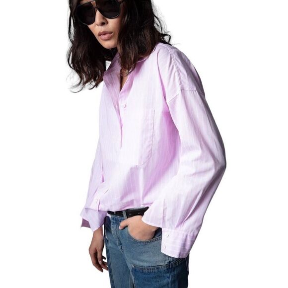 Zadig & Voltaire Tamara Pop Raye Beaded pink oxford Button-Up Shirt NWT large - Picture 2 of 8